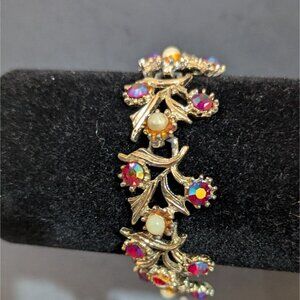 Vintage‎ Aurora Borealis Rhinestone Bracelet Gold-Tone Floral 7" Sparkle Estate